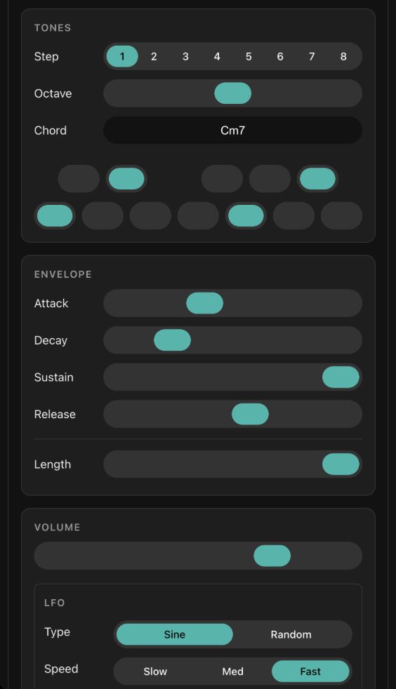 Doom Loop interface showing the keyboard, envelope and volume controls