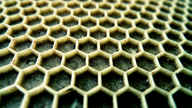 A photo of a flat sheet of synthetic honeycomb