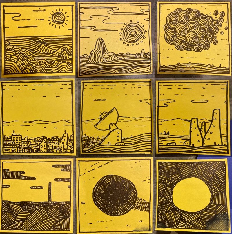 9 comic-style post-it doodles