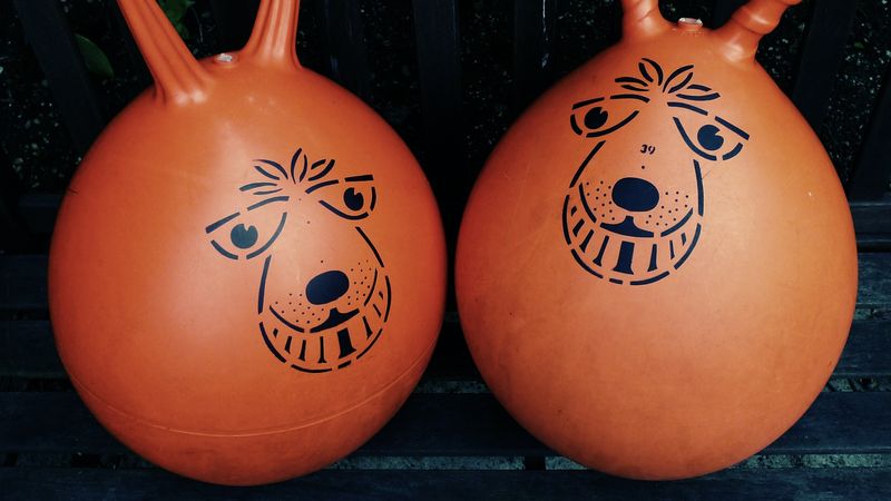 A photo of two 70’s era space hoppers sitting on a bench in a garden in Swindon